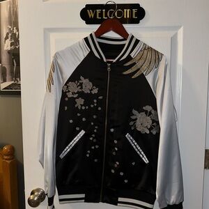 Elegant Black and White Bomber Embroidered Souvenir Jacket